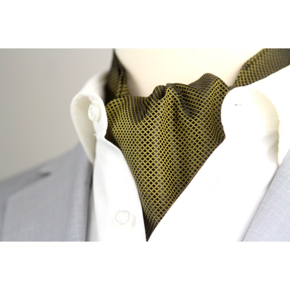 Men's Cravat Ascot 100%silk‎ Gift Box Gold Black Micro Ornament A248